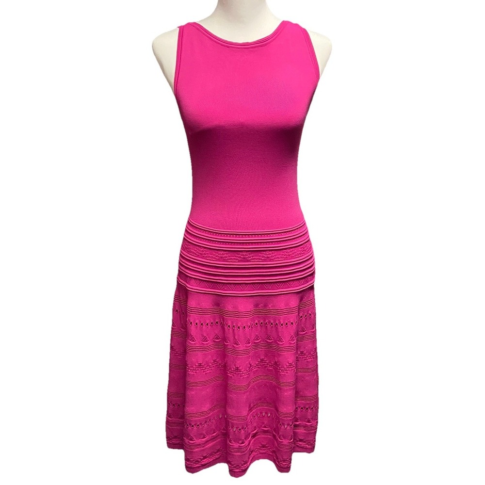 LAUREN RALPH‎ LAUREN SP Fuchsia Stretch Pointelle Knit Fit & Flare Midi Dress
